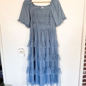 Polagram Blue Swiss Dot Tiered Midi Dress | Smocked Bodice | EUC
